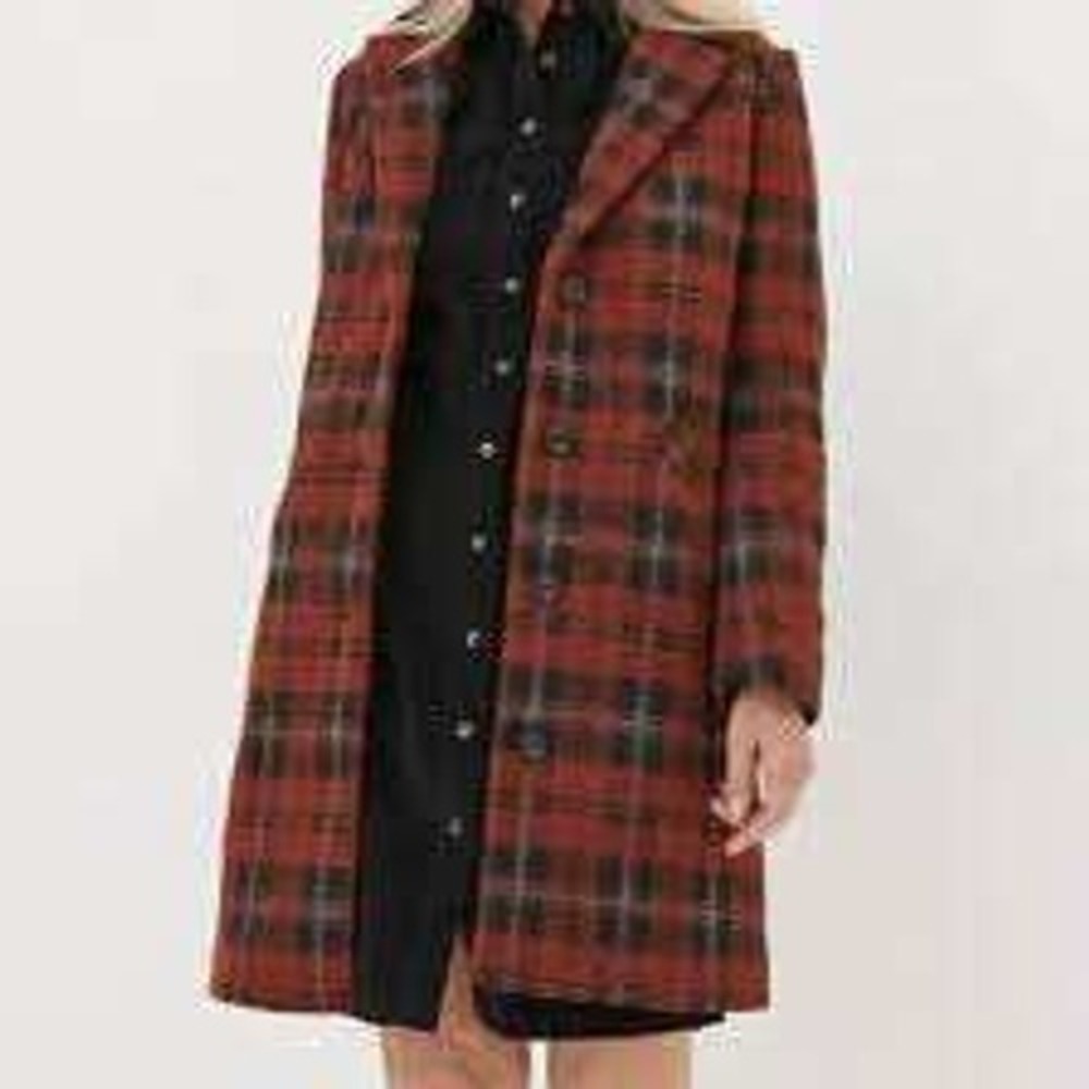 CYRUS Plaid Fuzzy Boucle Longline Collared Button Front Coat - Size XS